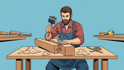 Carpenter working with wood, using tools, creating furniture, woodworking, craftsmanship.