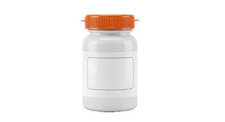 White plastic bottle with orange cap blank label mockup on transparent background