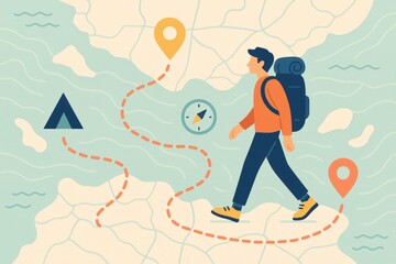 Enthusiastic backpacker exploring a mapped trail towards adventure, embracing nature&rsquo;s freedom with a sense of journey and discovery on a tranquil path