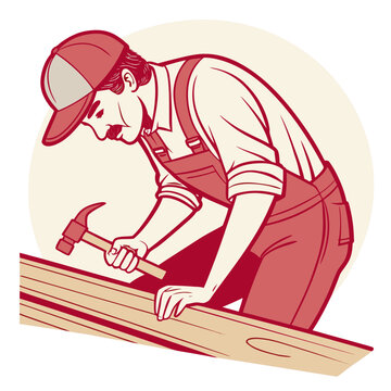 Carpenter hammering a nail into wood with a tool