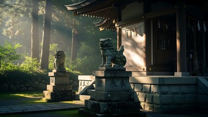 Ancient Japanese Temple with Stone Statues Bathed in Morning Sunlight.