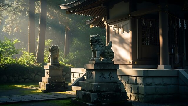Ancient Japanese Temple with Stone Statues Bathed in Morning Sunlight.