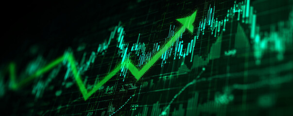 Green arrow pointing upward on financial graph. Business growth chart with rising trend line. Digital stock market data visualization for investment analysis