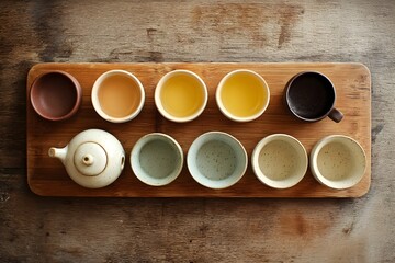 Symmetrically arranged tea set on wooden surface showcasing calming minimal design and balanced presentation style