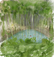 Illustration of a Cenote with people swimming in it in Yucatan, Mexico. Illustration of Yucatan landmarks 