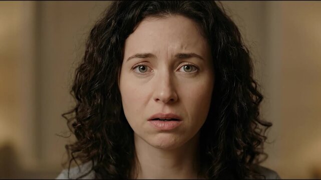 A powerful close-up reveals a woman with dark, curly hair, her expressive face filled with a potent mix of worry, surprise, and concern as she looks directly into the camera. Her furrowed brow and sli
