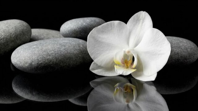 A pristine white orchid blossom gracefully rests among a stack of smooth, tactile gray pebbles, creating a serene and balanced composition. The minimalist arrangement is set against a deep black backg