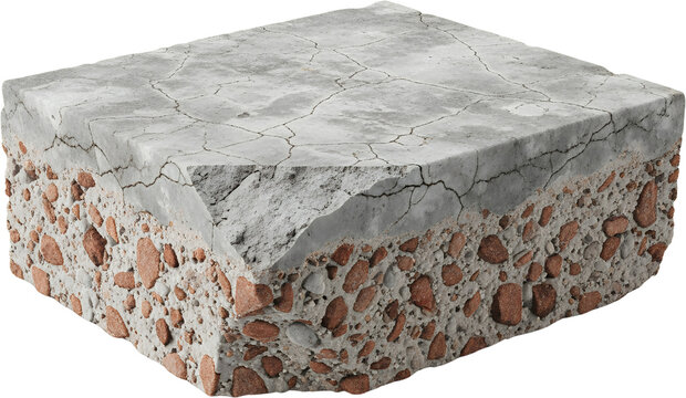 Cross section of cracked concrete pavement revealing aggregate layers of pebbles and aggregate crosssection material construction