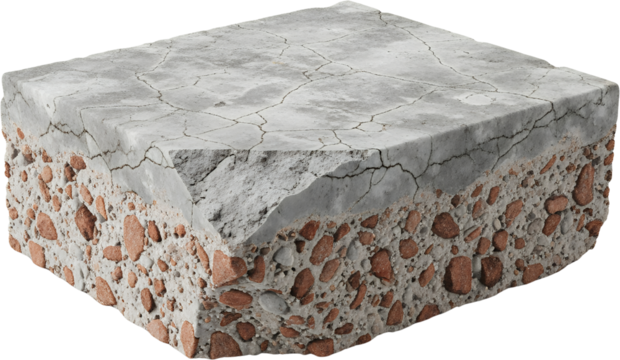 Cross section of cracked concrete pavement revealing aggregate layers of pebbles and aggregate crosssection material construction