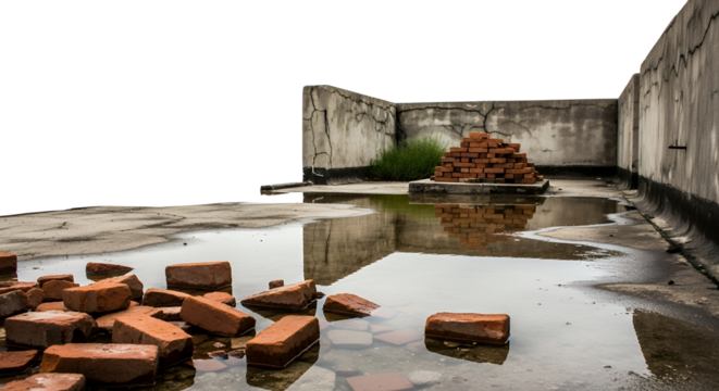 Pile of red bricks and scattered red bricks on a wet concrete surface with puddles reflecting decaying walls pile of bricks