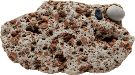 Fragment of vesicular volcanic rock with embedded pebbles and mineral inclusions showcasing porous texture and varied mineral composition