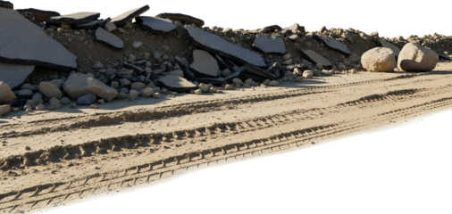 Pile of broken asphalt rubble and large stones sits beside a dusty dirt road with clear tire tracks debris demolition construction