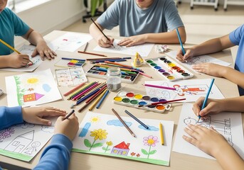 Group of children hands painting and drawing at a table with colorful art supplies from above