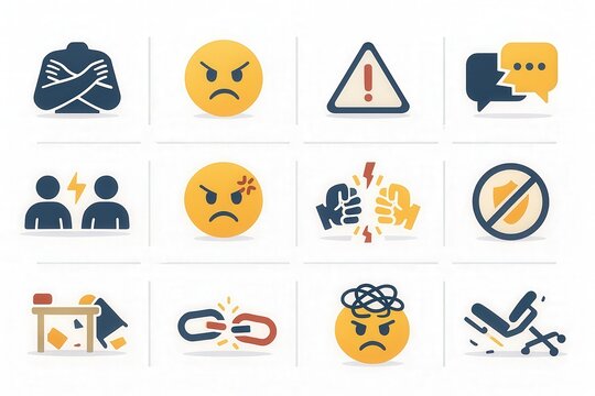 Emotional conflict expressions illustrated through confrontational icons representing frustration, anger, and breakdowns in communication reflected through dynamic visual elements