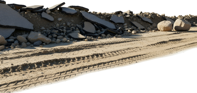 Pile of broken asphalt rubble and large stones sits beside a dusty dirt road with clear tire tracks debris demolition construction