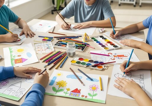 Group of children hands painting and drawing at a table with colorful art supplies from above
