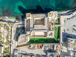 Aerial top down view of the Norman Castle of Trani in Puglia Italy