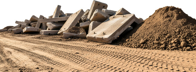 Pile of concrete debris and soil on a dirt road with tire tracks construction demolition rubble waste material industrial