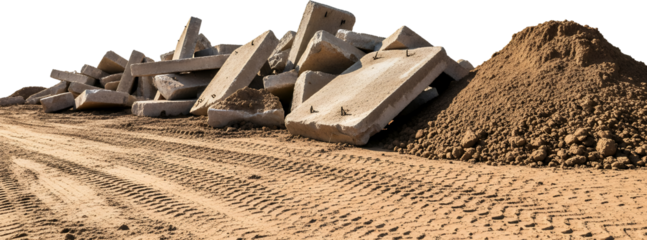 Pile of concrete debris and soil on a dirt road with tire tracks construction demolition rubble waste material industrial