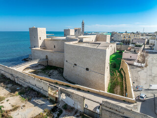 Aerial view of norman seaside castle of Trani built with white stone in Puglia Italy