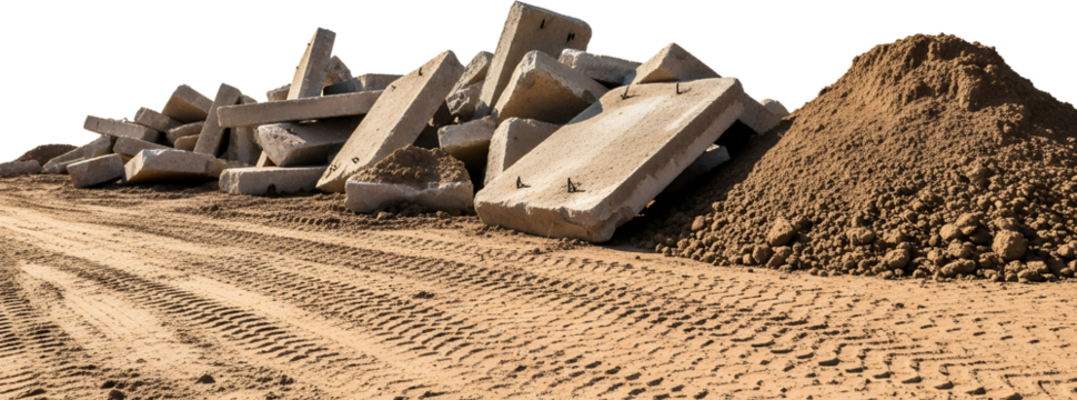 Pile of concrete debris and soil on a dirt road with tire tracks construction demolition rubble waste material industrial