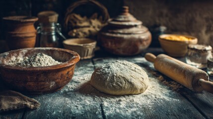 Dough Preparation is in Progress With Flour Scattered Across a Rustic Kitchen Table