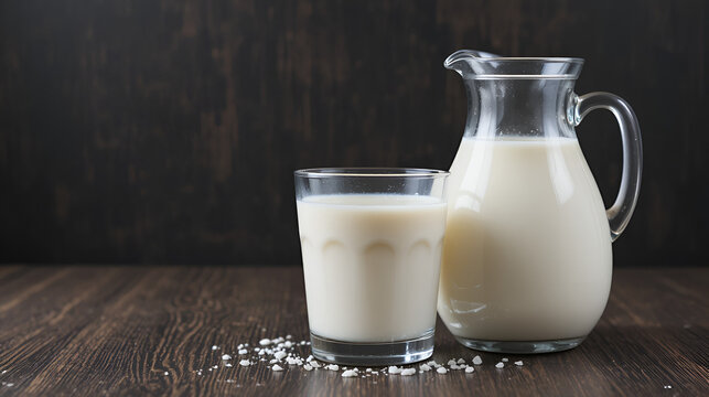 Milk in a glass and jug on a dark wooden background. - Powered by Adobe