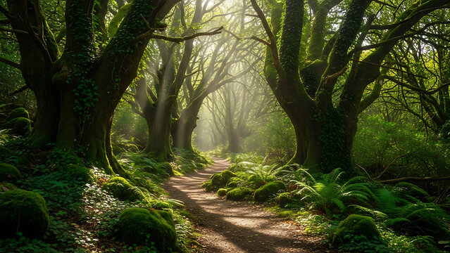 Serene forest path with dappled sunlight.