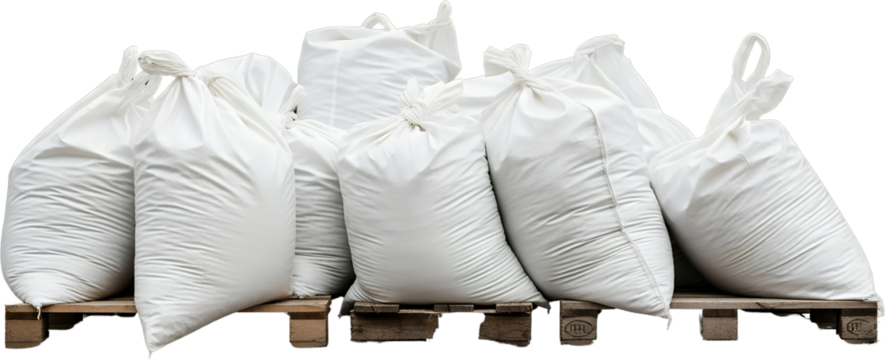 A collection of large white sacks filled with material and tied shut resting on wooden pallets bags bulk storage cargo delivery