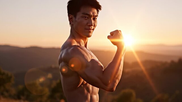 A man flexes his muscles as the sun sets, emphasizing the man's muscular build. The man stands confidently with mountains and the sun in the background.
