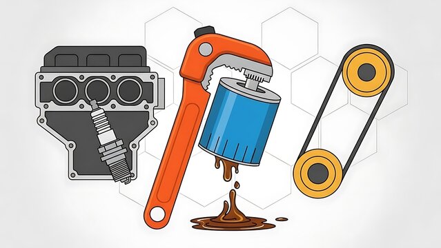 Automotive Engine Parts and Maintenance Tools Illustration.