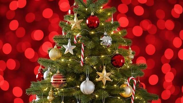 Beautifully Decorated Christmas Tree with Red Bokeh Background. - Powered by Adobe