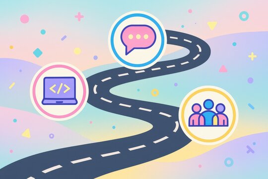 Visualizing the journey of digital collaboration and communication, intertwining coding, teamwork, and networking through an abstract pastel background characterized by playful shapes and a