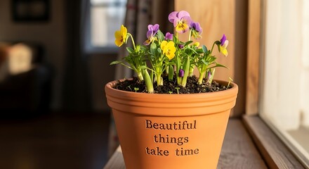 Potted flowers on a windowsill with inspirational quote in a cozy indoor setting viewed from outside