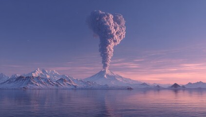 Volcanic eruption over snowy mountains