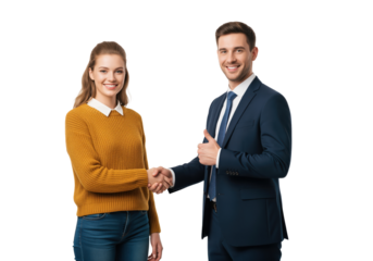 Loan approval moment with financial advisor shaking hands with new account holder while giving thumbs up for use in bank credit promotions, personal lending materials and consumer finance education