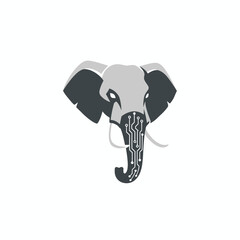Stylized elephant head with a circuit board pattern on its trunk, representing a blend of nature and technology.