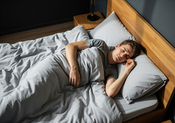 Sleep tracking app promotion showing man in bed at night to support ads about healthy sleep habits and wearable coaching services that help users improve recovery, focus plus daytime productivity