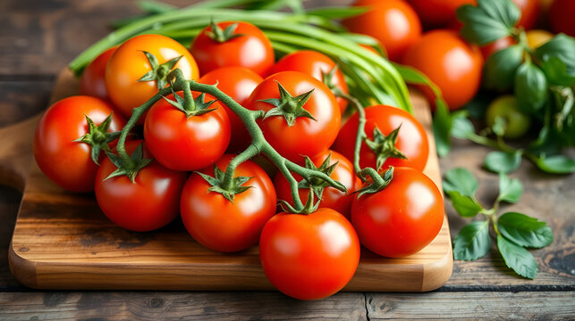 A vibrant display of fresh truss tomatoes resting on a rustic wooden cutting board, emphasizing natural produce and healthy eating, perfect for culinary and gastronomic themes.