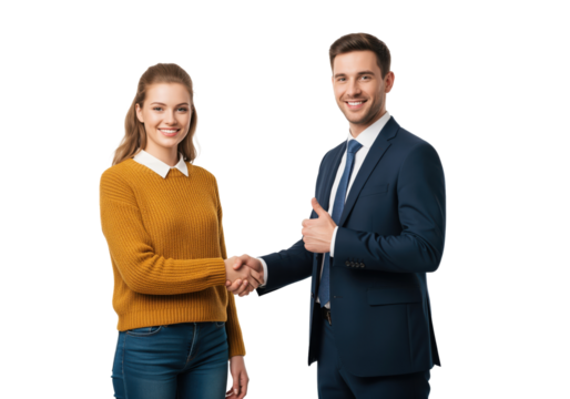 Loan approval moment with financial advisor shaking hands with new account holder while giving thumbs up for use in bank credit promotions, personal lending materials and consumer finance education