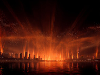 Spectacular fiery fountain display illuminates the night sky over a dark reflective water surface