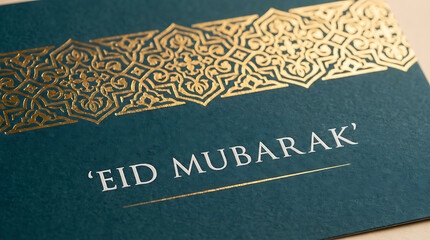 Elegant Eid Mubarak greeting card with golden Islamic pattern.