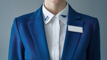 Female Employee in Navy Blue Uniform Jacket With Blank Name Badge Ready for Airline Service