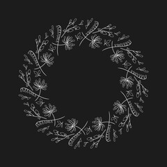 Outline of a wreath of herbs. Large round frame with a pattern. Empty decorative frame for decoration. Wedding wreath. Geometric frame. Christmas wreath. Cutting file.