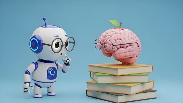 Robot and brain with glasses contemplating stack of books on blue background - Powered by Adobe