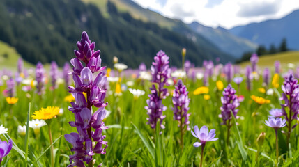 Vibrant Spring Violet Meadow Scene A Bouquet of Colors Awakens in the Swiss Alps, Capturing the Essence of Rebirth and Renewal.