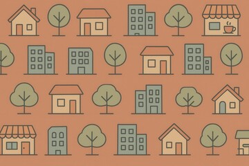 Fototapeta premium Abstract urban landscape pattern featuring simple house and tree illustrations on a warm pastel backdrop creating a playful visual narrative of modern living spaces
