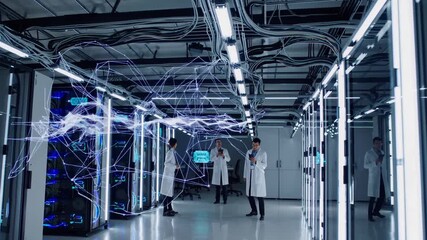 Network engineers analyzing holographic data flow inside technical server environment, processing advanced digital information with cutting edge technological precision - Powered by Adobe