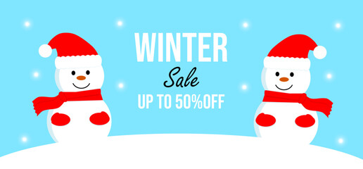 Winter sale banner with snowmen and the inscription "Winter Sale. Up to 50% off"