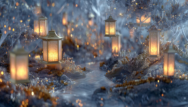 Magical glowing lanterns illuminate a mystical forest path at twilight - Powered by Adobe